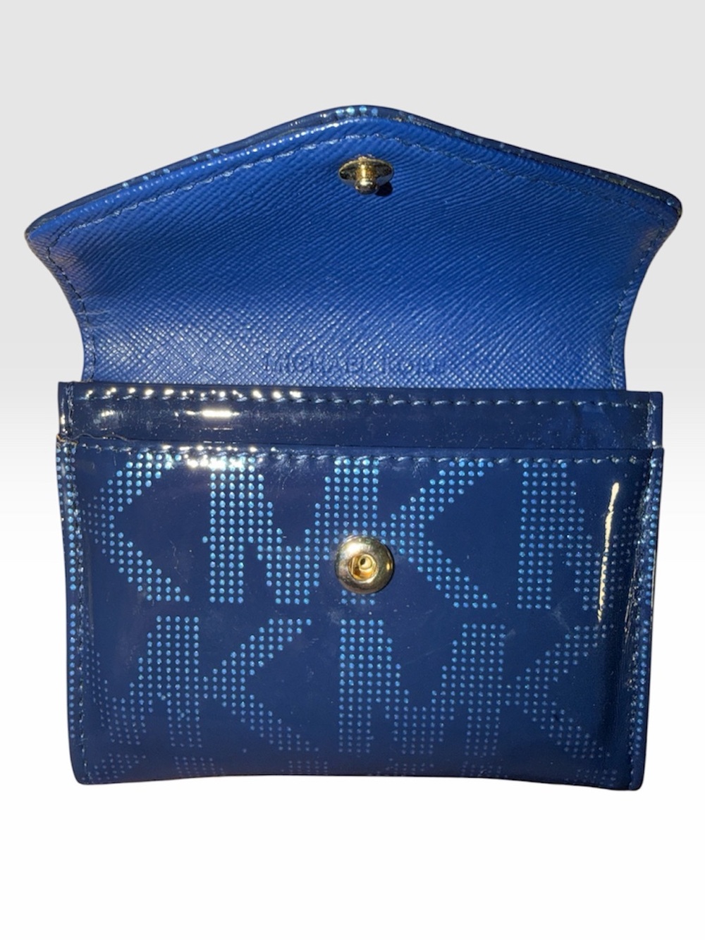 MICHAEL KORS Navy Patent Logo Snap Card Wallet with Gold-Tone Logo